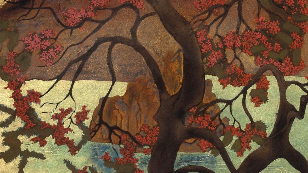 Pham Hau (1903-1995), paravent à quatre panneaux, Paysage aux jonques, laque avec... La laque selon Pham Hau et Alix Aymé 