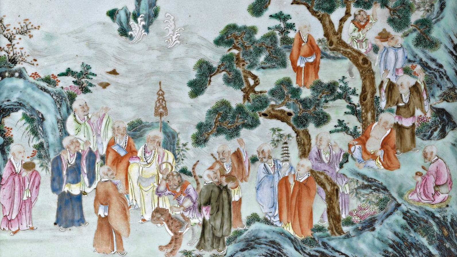 Chine, XVIIIe-XIXe siècle. Plaque rectangulaire en porcelaine polychrome, à décor... Figures sacrées, de la Bible au bouddhisme