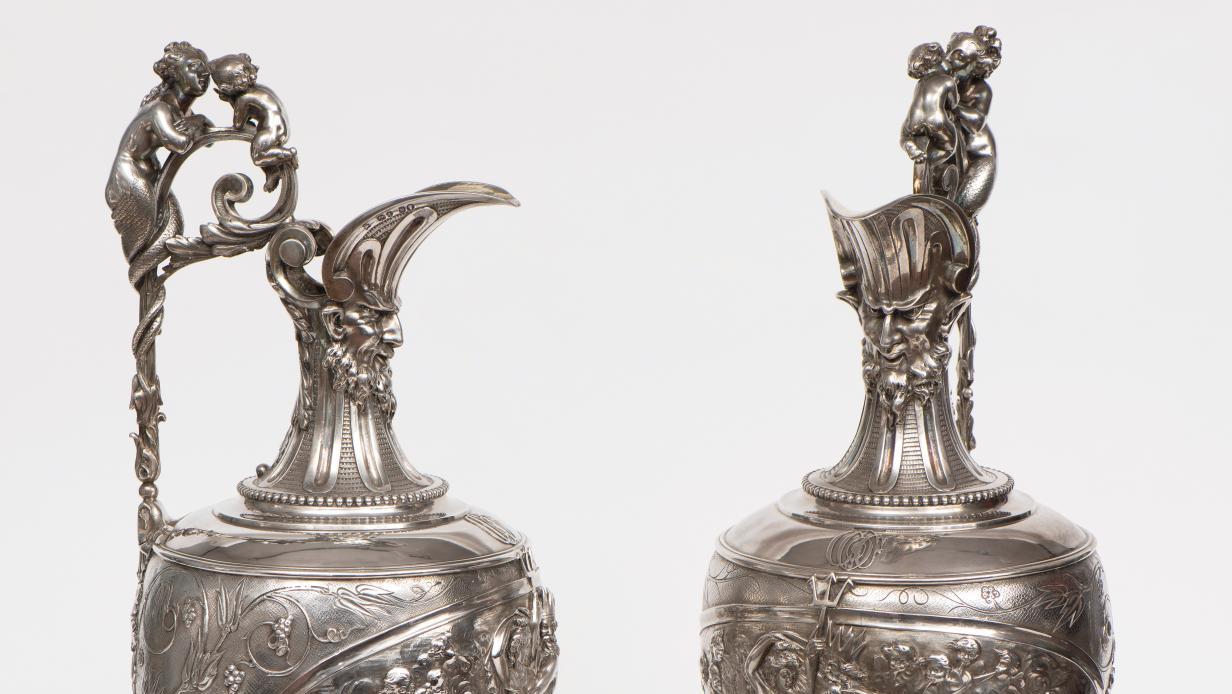 Londres, Hunt & Roskell, époque victorienne, 1873-1874, paire d’aiguières en argent,... Hunt & Roskell, fournisseurs de la reine Victoria