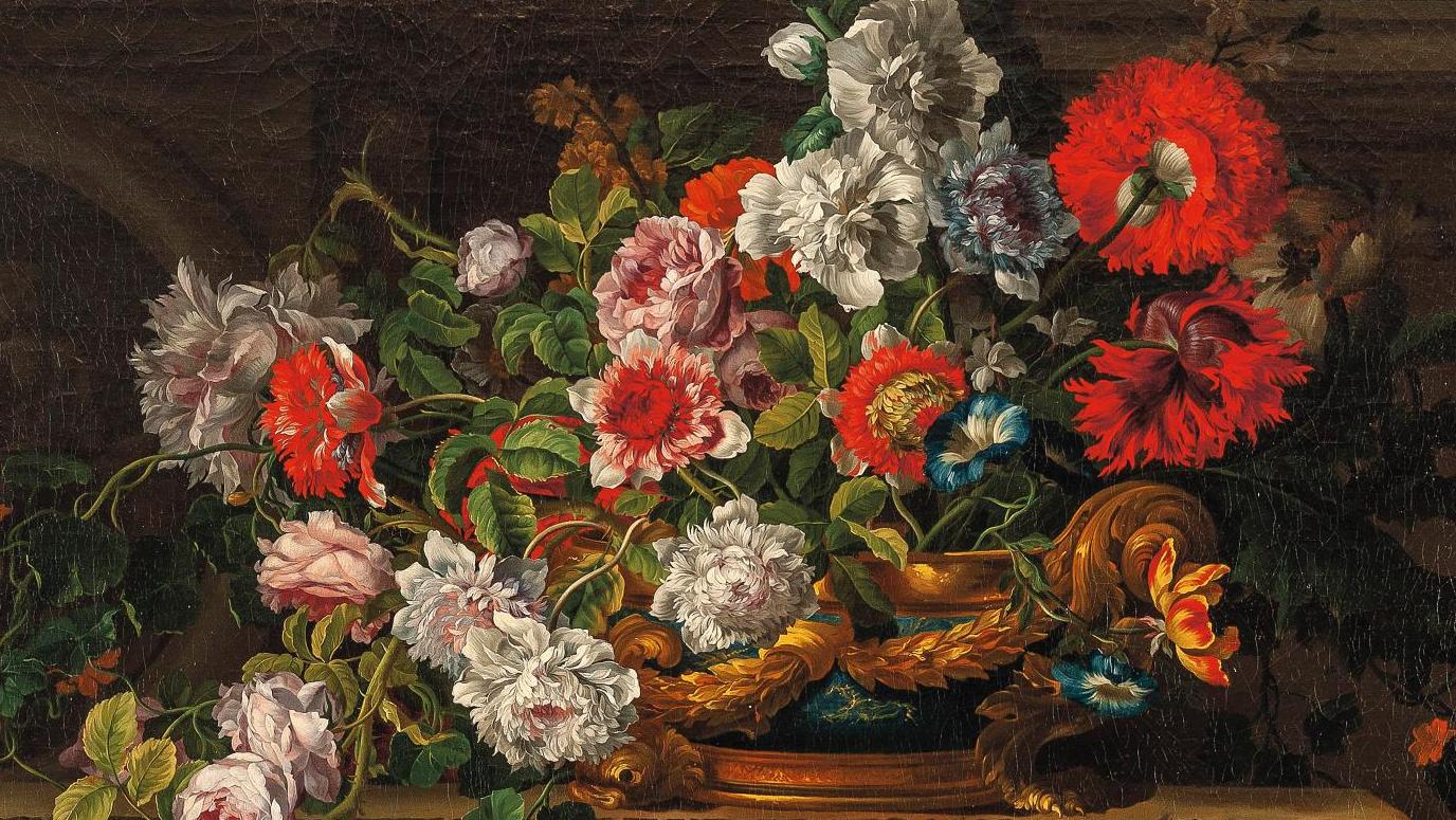 Jean-Baptiste Monnoyer (1636-1699), Vase en lapis monté en or rempli de fleurs, posé... Jean-Baptiste Monnoyer et Jean-Antoine Watteau 