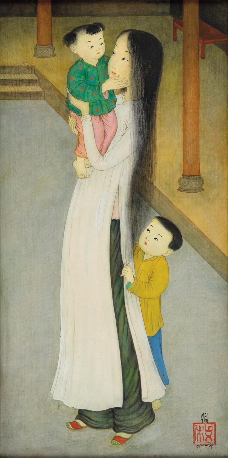 Mai Trung Thu, dit Mai-Thu (1906-1980), Mère et enfants, caresse, 1961, gouache sur soie doublée, signature et cachet de l’artiste, titre, date et mon