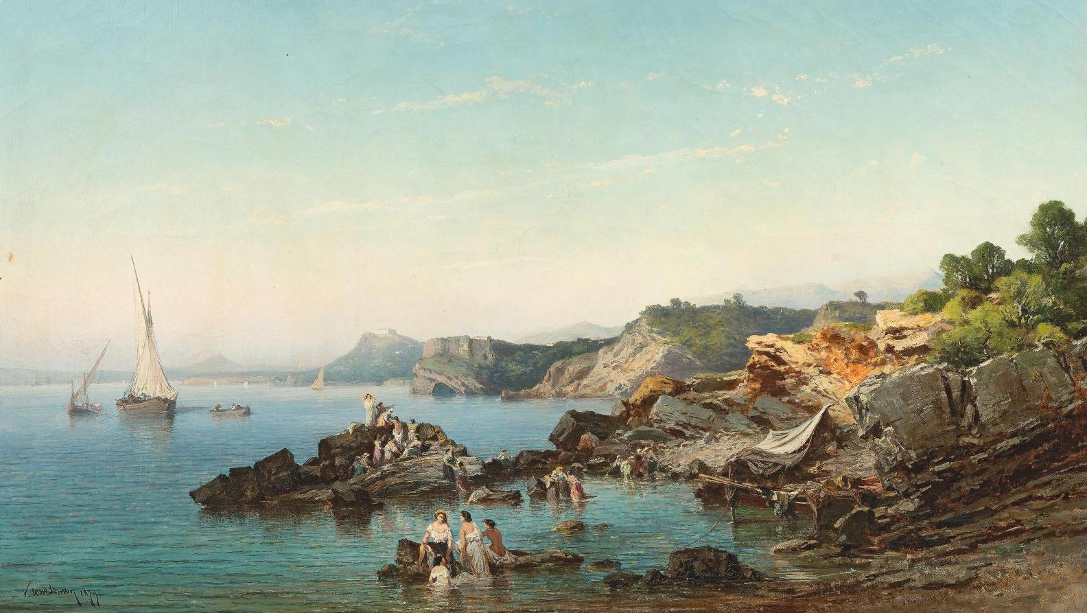 Vincent Courdouan (1810-1893), Bains de mer au Pradet, au loin la rade de Toulon... Une Arcadie méditerranéenne près de Toulon