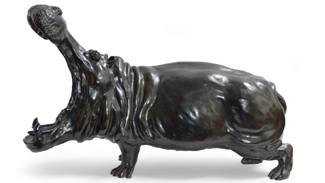 José-Maria David (1944-2015), Hippopotame, gueule ouverte, bronze, signé, justifié... Sculpture animalière et tableaux du XXe siècle