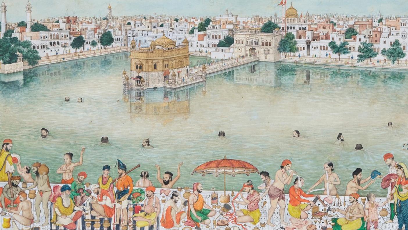 Inde du Nord, Penjab, Amristar, signé Bishan Singh (1836-vers 1900), vers 1850-1872.... La vie au temple d’Or d’Amritsar