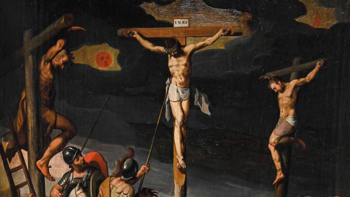 Pieter Pieterszoon Aertsen (1540-1603),  La Crucifixion, huile sur panneau, 95 x 70 cm.... Une Crucifixion en terre protestante