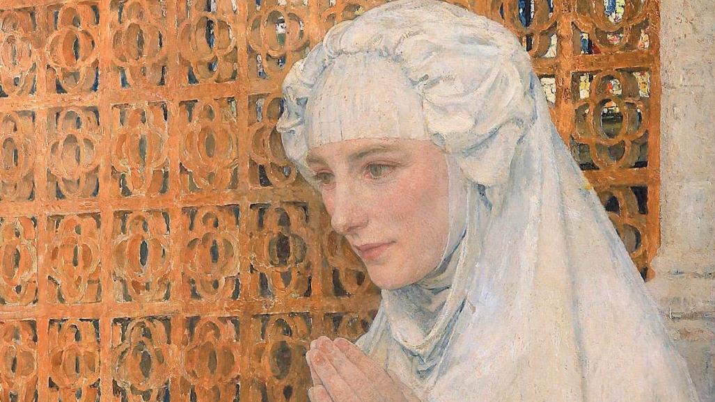 Edgard Maxence (1871-1954), Femme en prière, huile sur toile signée, 65 x 43,5 cm.... Une ferveur médiévale chère à Maxence