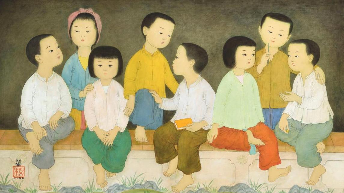 Mai Trung Thu, dit Mai-Thu (1906-1980), Sur le balcon, 1965, encre et gouache sur... Les verts paradis de l’enfance par Mai-Thu