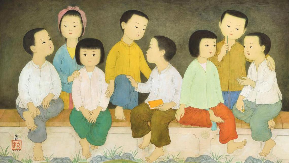 Mai Trung Thu, aka Mai-Thu (1906-1980), Sur le balcon (On the Balcony), 1965, signed... Childhood’s Green Paradises by Vietnamese Artist Mai-Thu