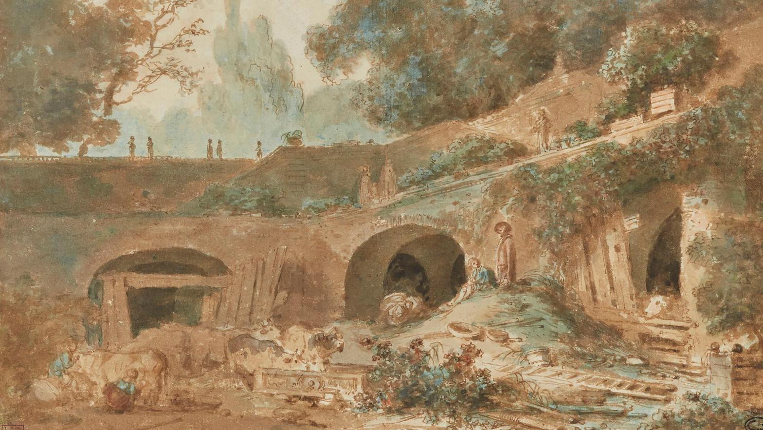 Jean-Honoré Fragonard (1732-1806), La Terrasse, aquarelle gouachée, plume et encre... Vision poétique de Fragonard