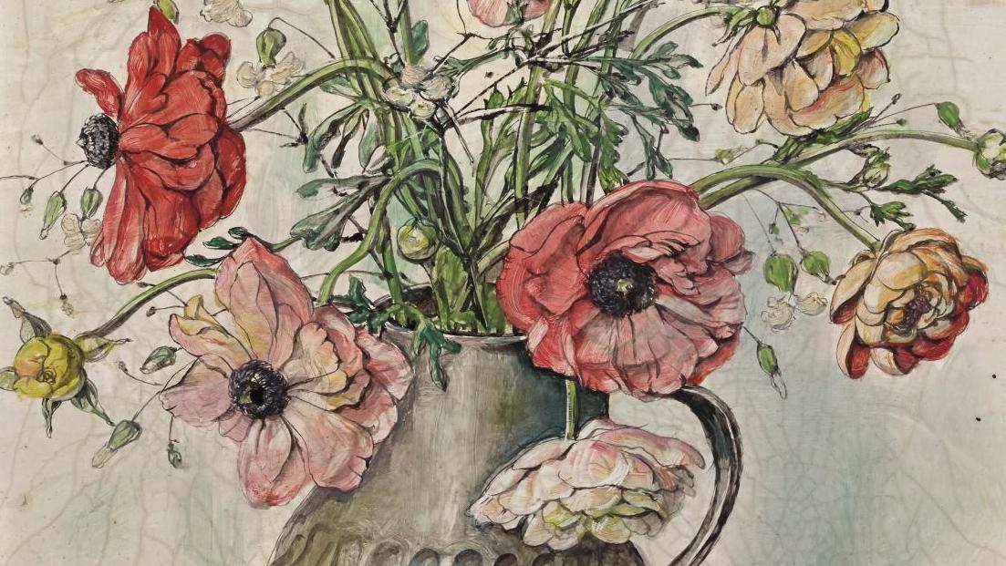 Léonard Tsuguharu Foujita (1886-1968), Bouquet de fleurs dans un vase en étain, huile... Les fleurs buissonnières de Foujita
