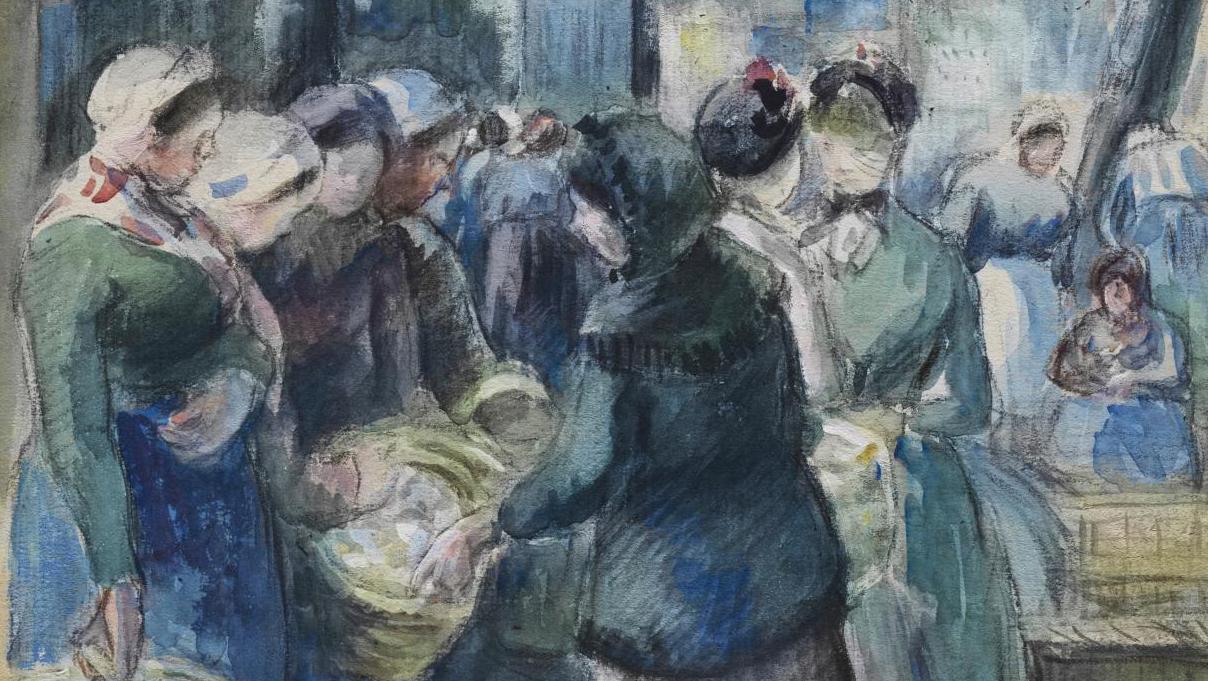 Camille Pissarro (1830-1903), Le Marché à Pontoise, 1884, gouache et aquarelle sur... Dans les pas de Pissarro… et des autres