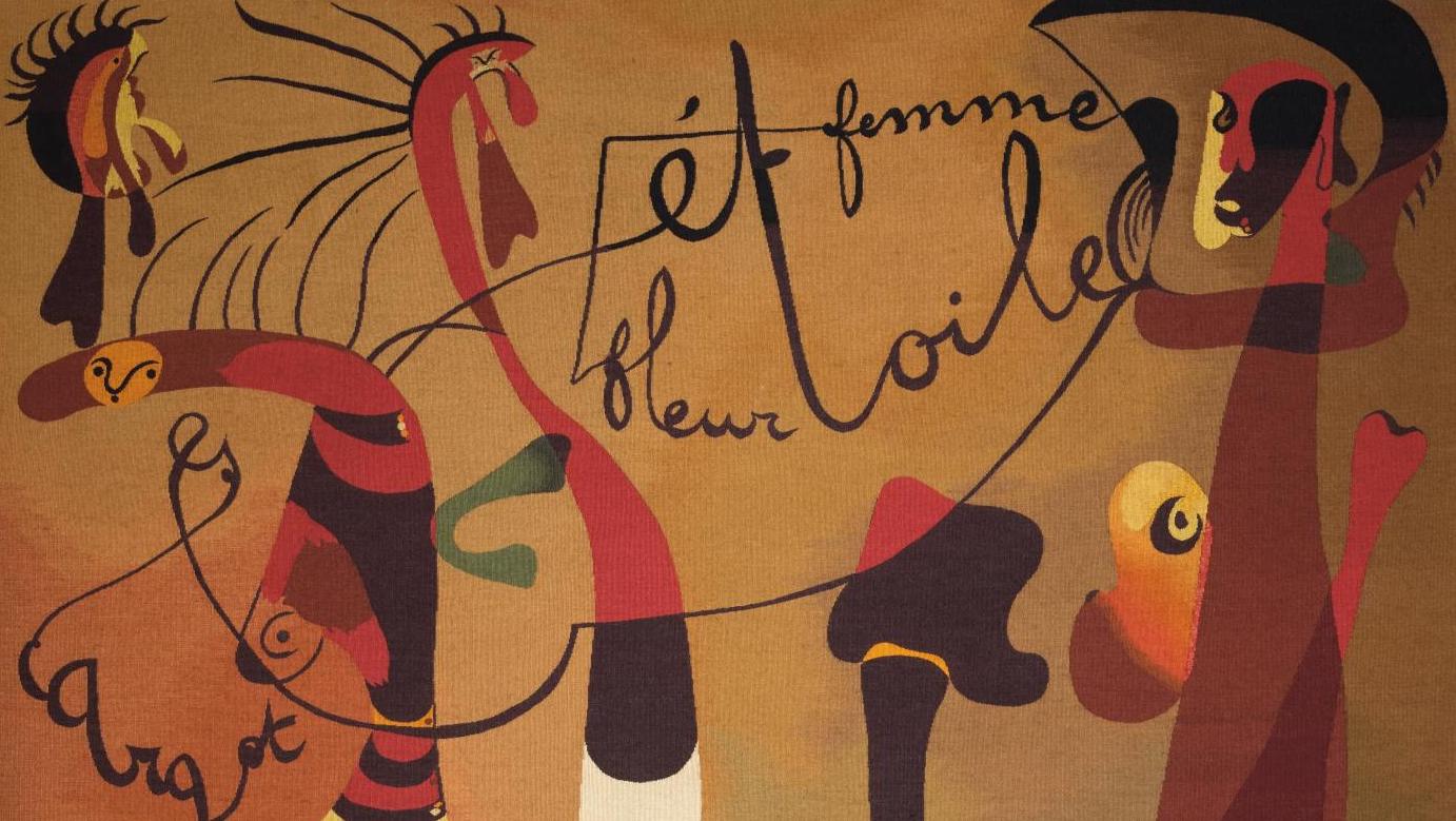 Joan Miró (1893-1983), Escargot, femme, fleur et étoile, 1934-1936, tapisserie tissée... Une poésie tapissière signée de Miró