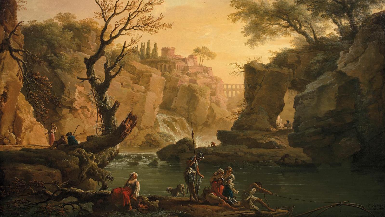 Claude Joseph Vernet (1714-1789), Pêcheurs retirant leur filet dans un paysage classique,... Une pêche à succès de Vernet