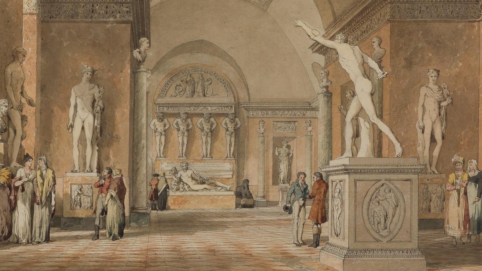 Pierre-François-Léonard Fontaine (1762-1853), Vue de la salle du Héros combattant... Un dessin de Fontaine pour le Louvre