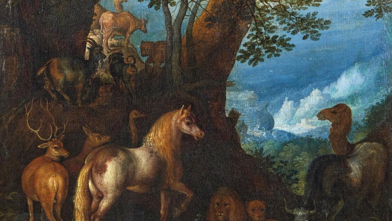 Roelandt Savery (1576-1639), L’Arche de Noé, toile monogrammée, 50,5 x 41 cm. Estimation :... La race animale magnifiée par Savery