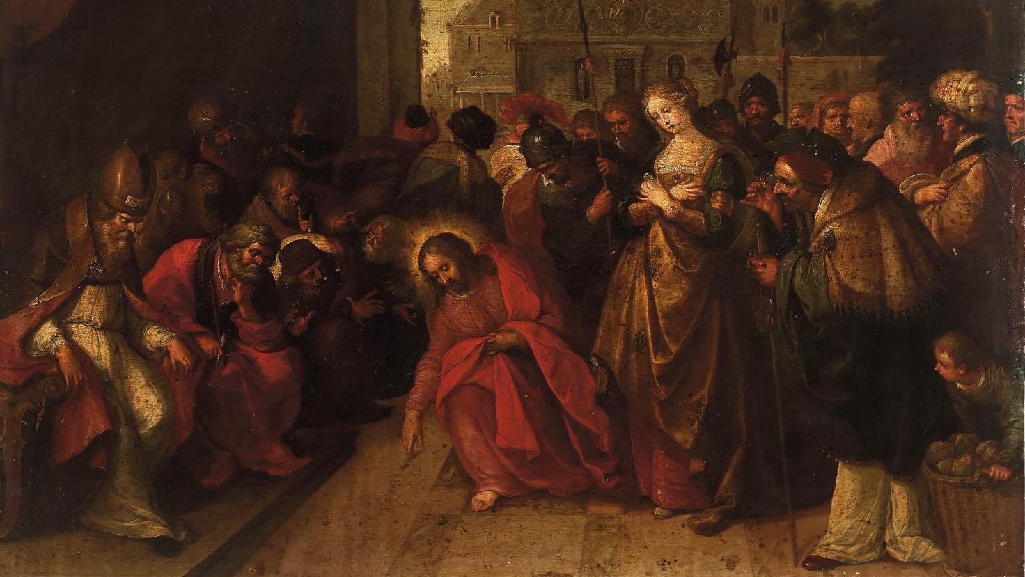 Frans Francken II (1581-1642) ou Frans Francken III (1607-1667), Le Christ et la... Ne jetez pas la pierre à la femme adultère !