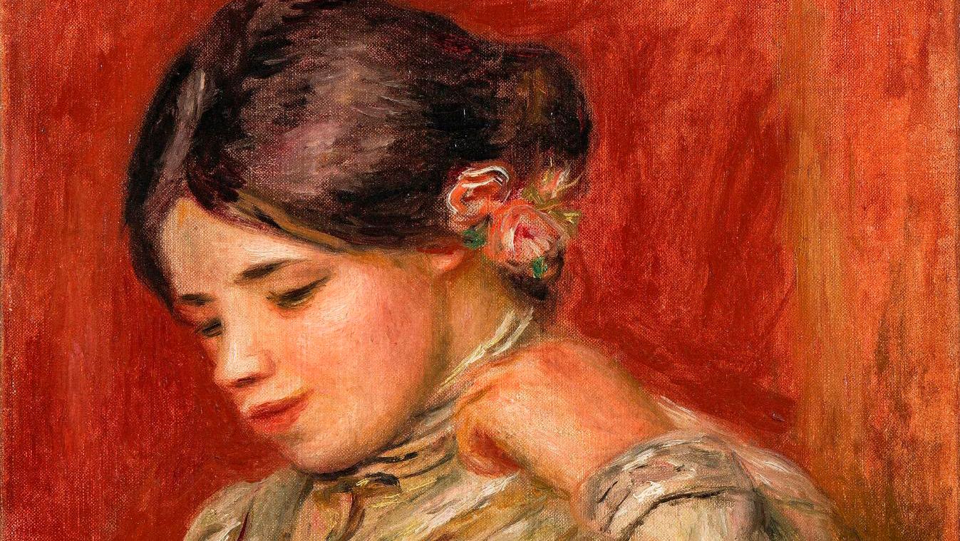 Auguste Renoir (1841-1919), Tête de femme, fleur dans les cheveux (Young Woman, Flowers... A Young Woman in the Sun by Renoir