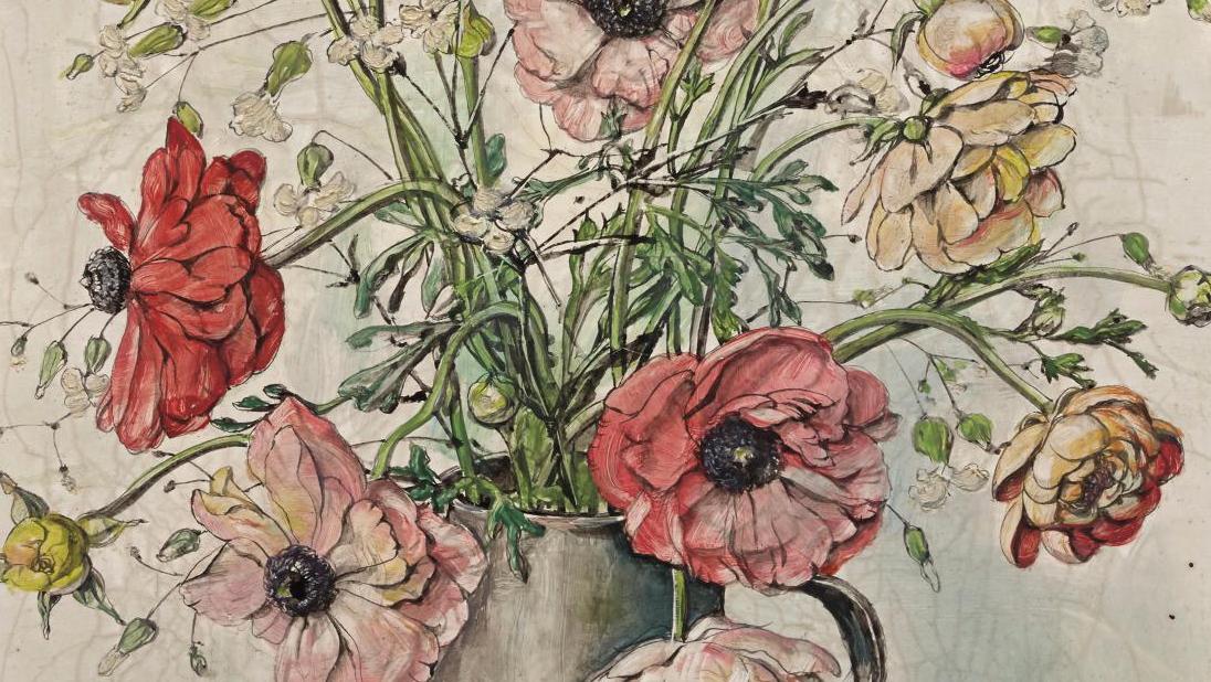 Léonard-Tsuguharu Foujita (1886-1968), Bouquet de fleurs dans un vase en étain (Bouquet... Foujita's Flowers 