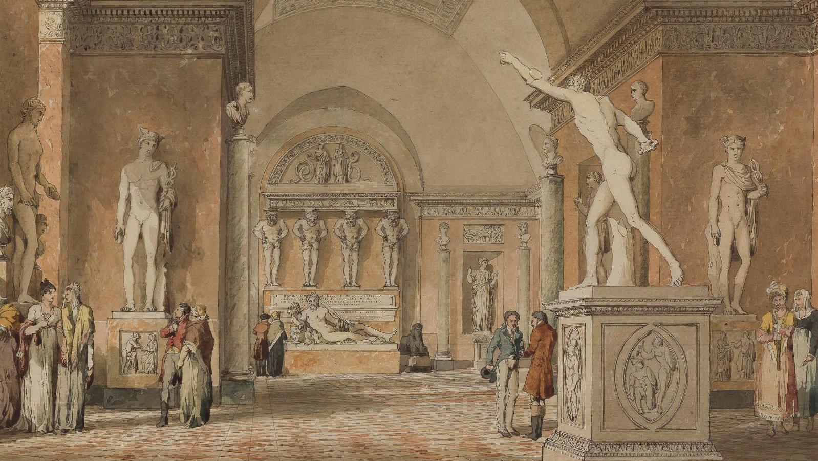 Pierre-François-Léonard Fontaine (1762-1853), Vue de la salle du Héros combattant... Heroic Drawing by Fontaine Goes Back to the Louvre 