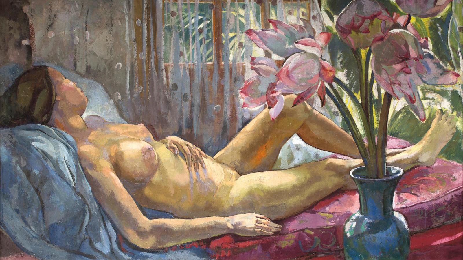 Alix Aymé (1894–1989), Nu aux lotus (Nude with Lotus Flowers), c. 1938, oil on canvas,... A White-Glove Sale Featuring Works from Vietnam by Pham Hau and Alix Aymé