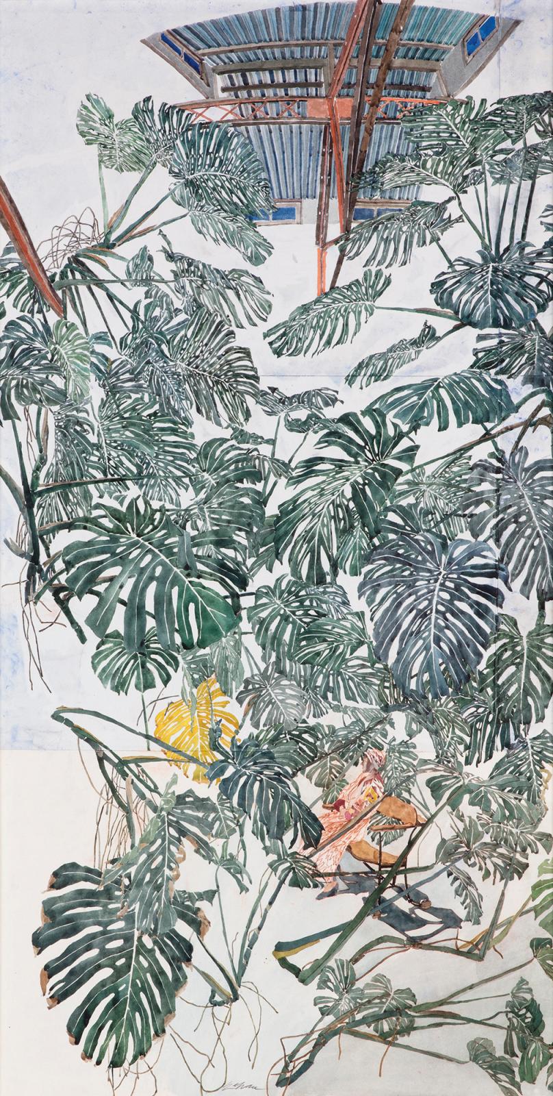 Sam Szafran (1934-2019), Philodendrons, 1987, aquarelle sur papier, 139,5 x 74 cm. Galerie Waddington Custot. © Waddington Custot, Londres
