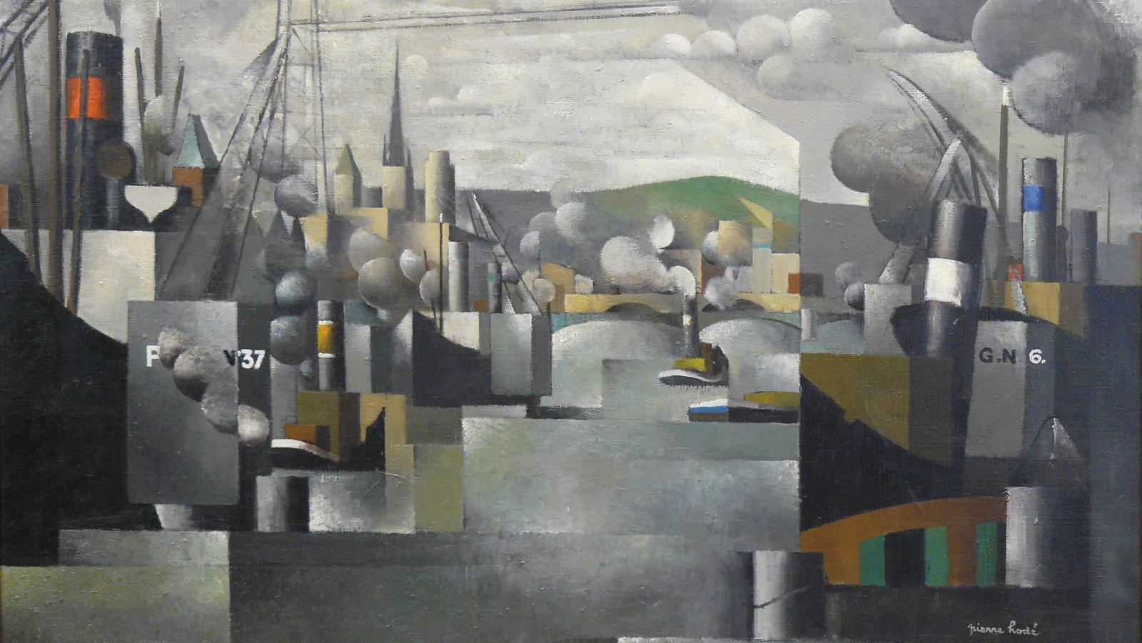 Pierre Hodé (1889-1942), Le Port de Rouen, 1924, huile sur toile signée, désignée... Pierre Hodé, ode à la grisaille rouennaise