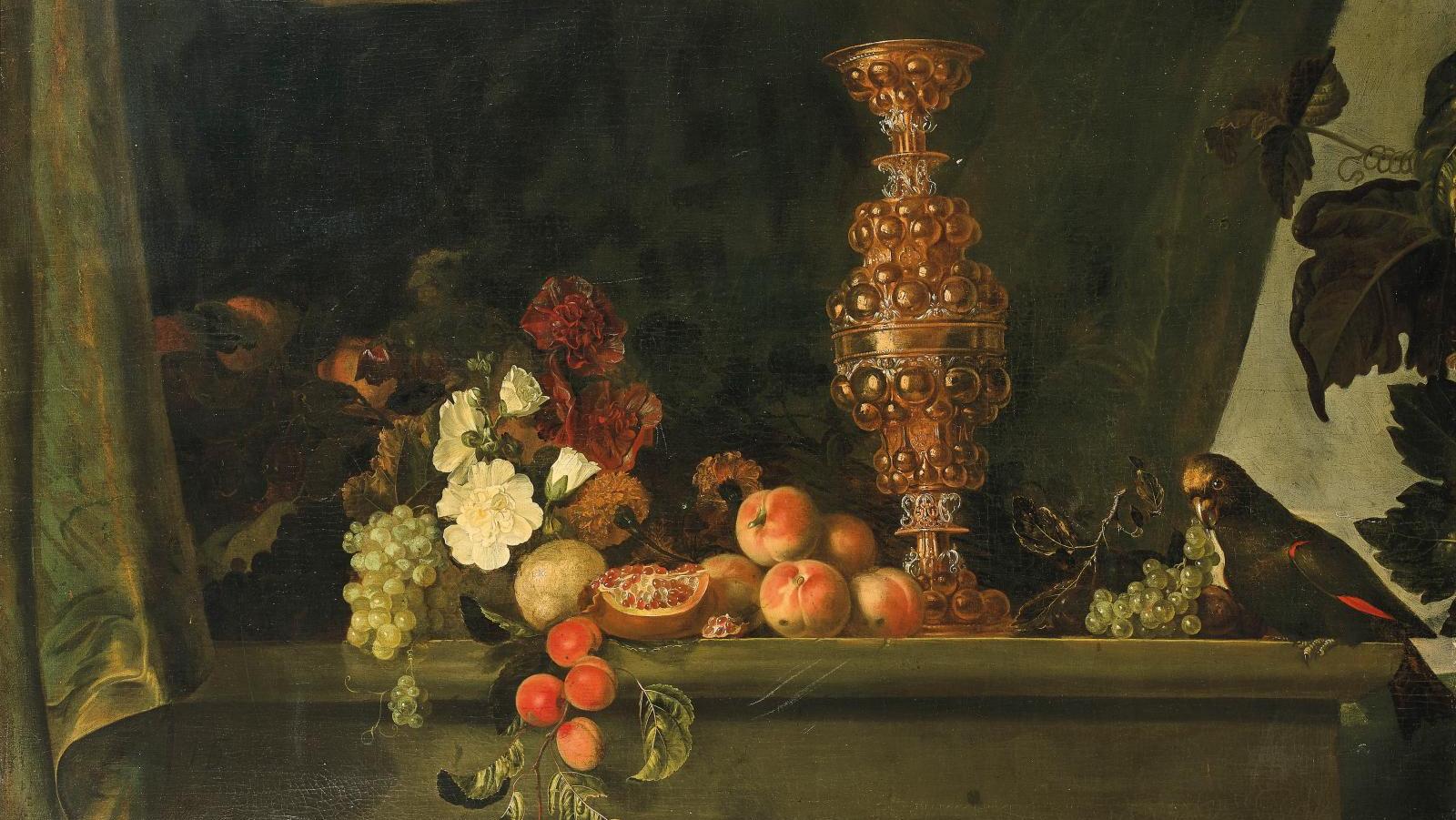 Henri de Fromantiou (1633/34-avant 1705), Nature morte au pokal, raisins et fleurs,... Généreuses illusions par Henri de Fromantiou 