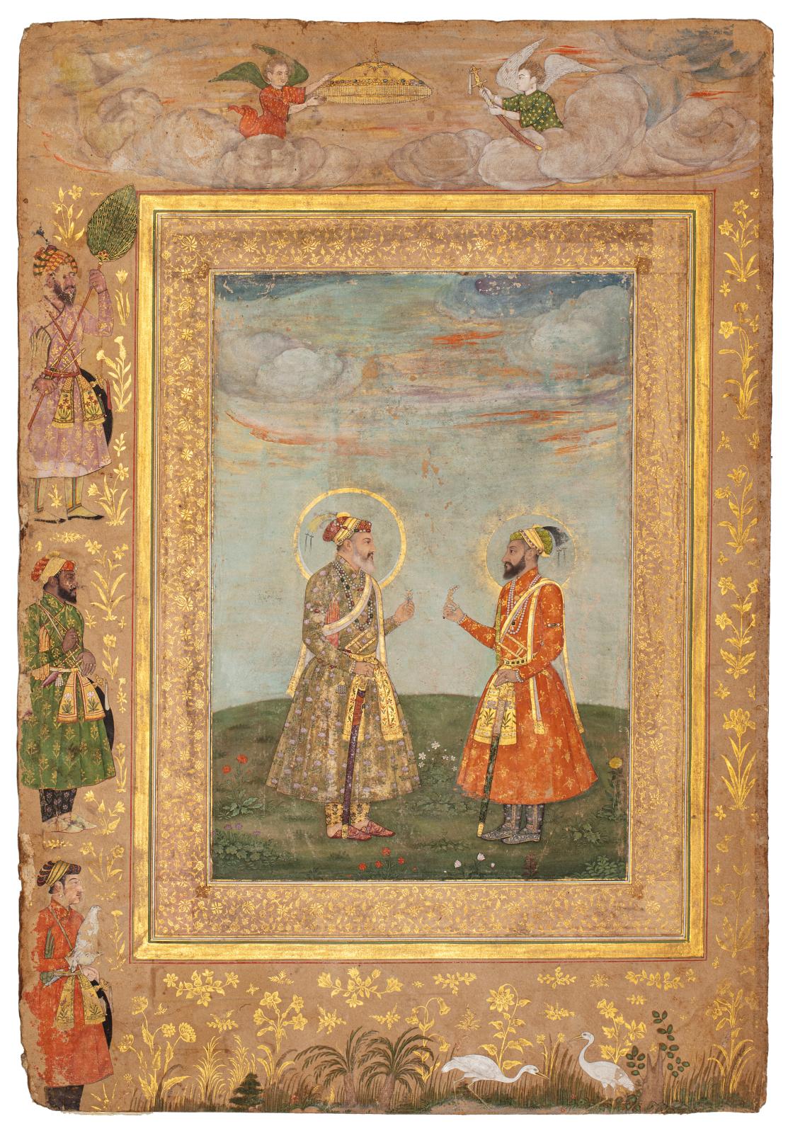 Inde, vers 1659, attribué à Anup Chatar. Double portrait de Shah Jahan et Aurengzeb Alamgir, page inédite du Late Shah Jahan Album, gouach