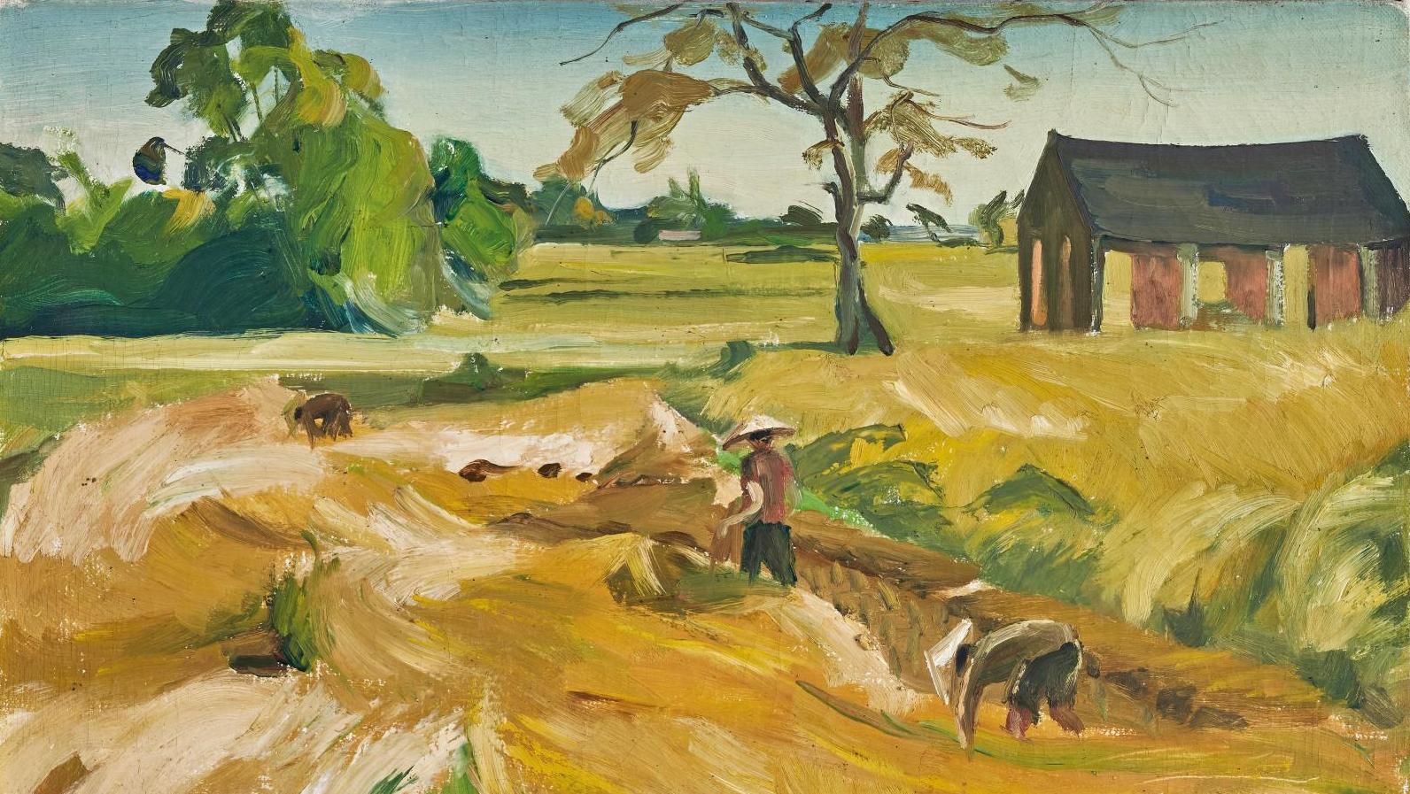 Xuan Nhi Luong (1913-2006), Récolte au Vietnam, huile sur toile signée, 46 x 63 cm.... Paysans et marchandes de l’Indochine