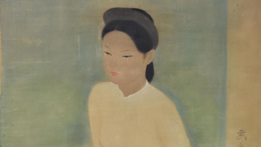 Vu Cao Dam (1908–2000), Young Woman Scholar, ink and colors on silk, signed in Sino-Vietnamese,... A Rare Work by Fashionable Vietnamese Painter Vu Cao Dam