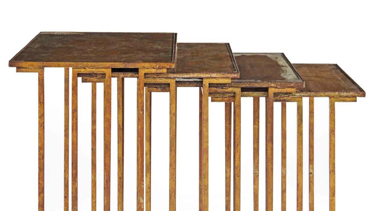 Jean Royère (1902-1981), three nesting tables with four square tubular legs in gilt... Jean Royère’s Nesting Tables 