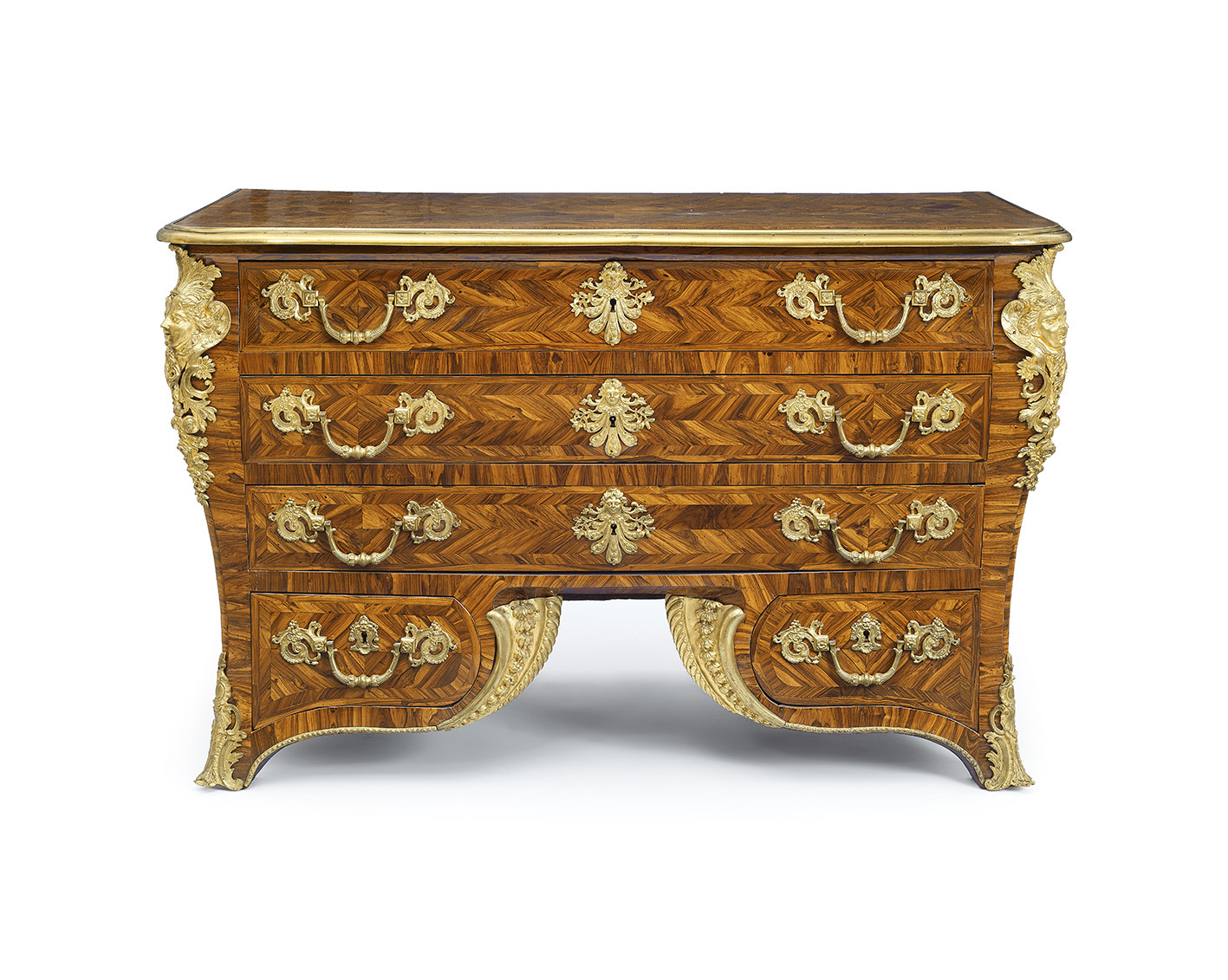 Paris, Regency period, c. 1720-1730. “Tombeau à pont” commode once owned by Maria Callas, kingwood veneer on soft wood and walnut, gilt br