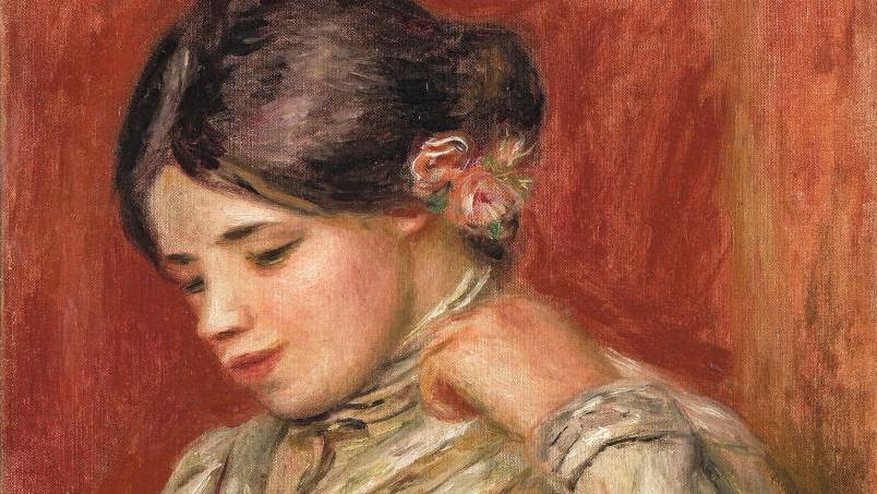 Auguste Renoir (1841-1919), Jeune femme, fleurs dans les cheveux, vers 1900, signée... La jeune fille en fleurs de Renoir