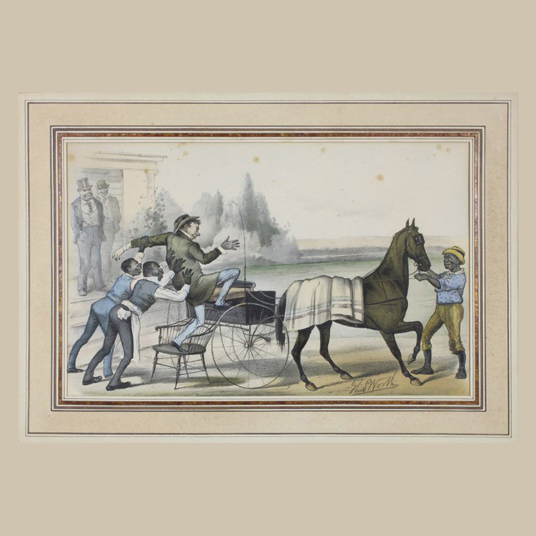 110 € Thomas B. Worth (1834-1917), scènes humoristiques américaines dans le monde des courses hippiques. Quatre lithographies en couleurs 