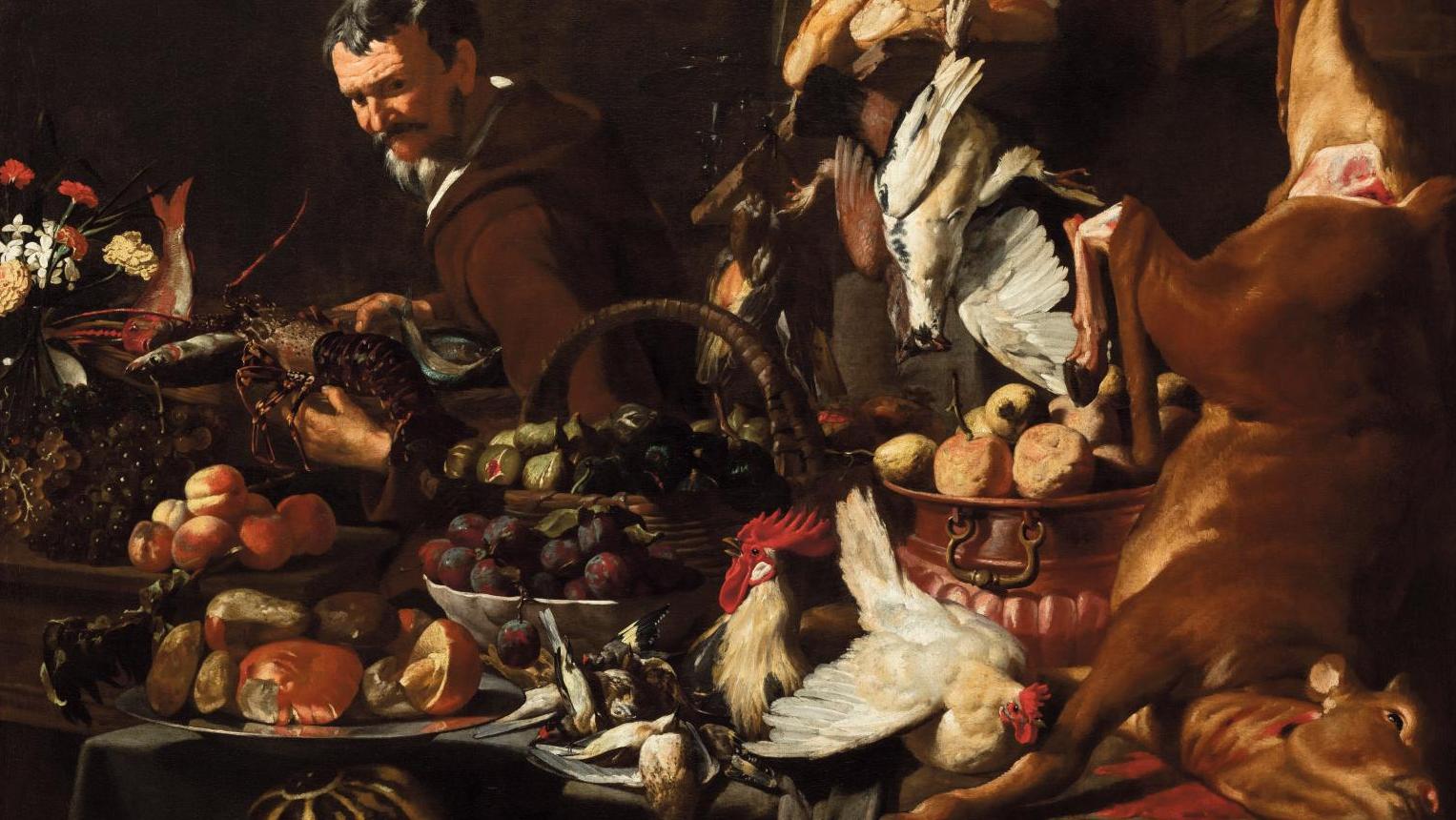 Giacomo Liegi (1605-1640/1645), Le Garde-Manger, huile sur toile, 149 x 188 cm (détail).... Se régaler avec les maîtres anciens à la galerie Canesso