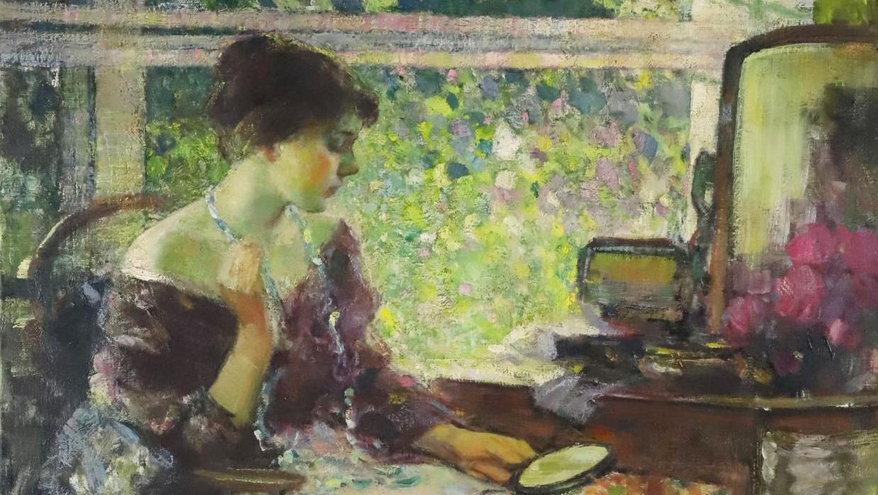Richard Edward Miller (1875-1943), Femme impressionniste à la broderie vert et jaune,... Richard Edward Miller, l’impressionnisme version américaine