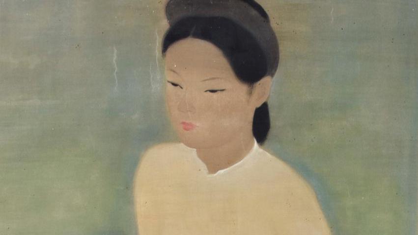 Vu Cao Dam (1908-2000), Jeune fille lettrée, encre et couleurs sur soie signée en... Jeune fille lettrée de Vu Cao Dam