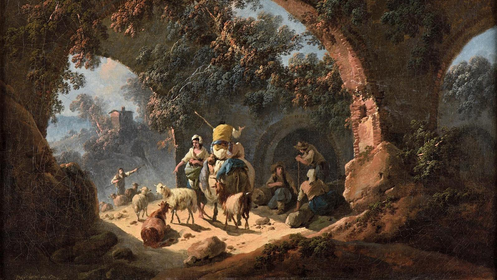 Jean-Baptiste Pillement (1728-1808), Villageois et leurs bêtes sous une arche en... Guerre et paix, avec Napoléon et Pillement