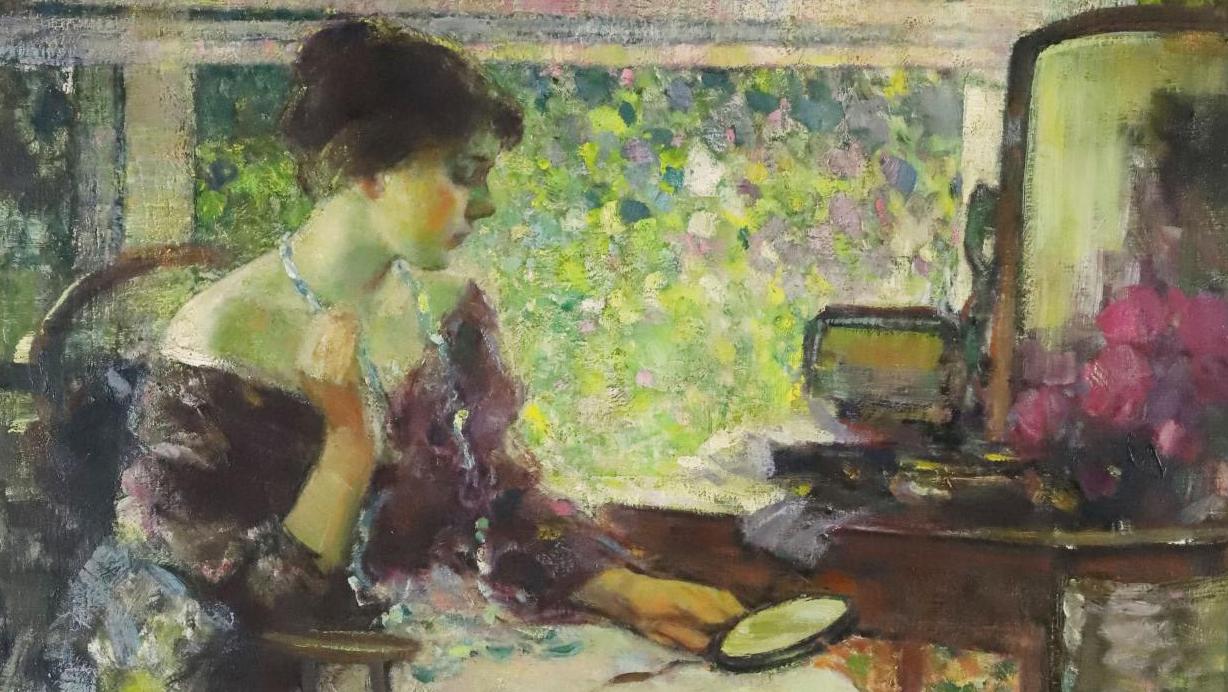 Richard Edward Miller (1875-1943), Femme impressionniste à la broderie vert et jaune... Richard Edward Miller’s American Impressionism 
