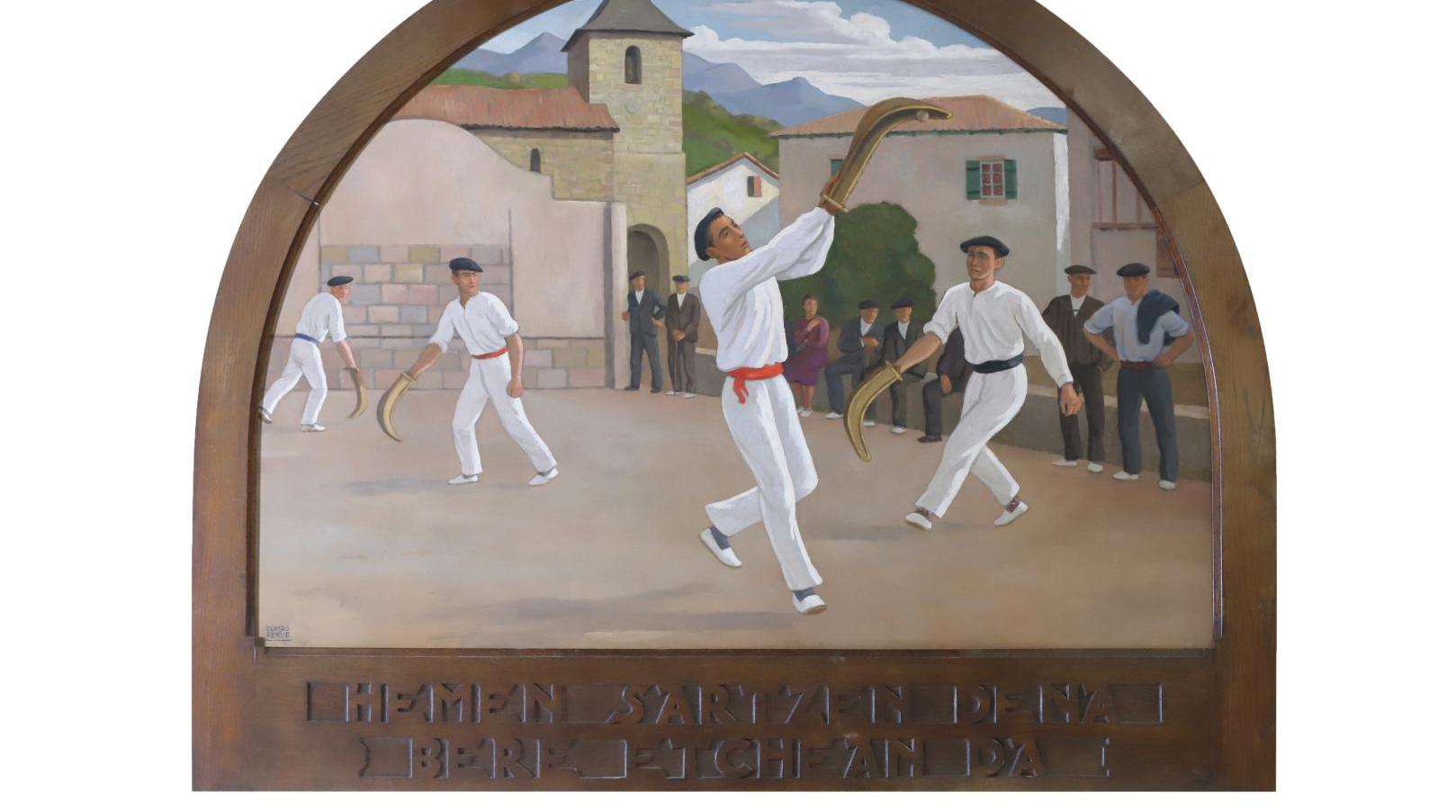 Ramiro Arrue (1892-1971), Partie de pelote, huile sur panneau signée, dans un cadre... Ramiro Arrue : aux couleurs du Pays basque