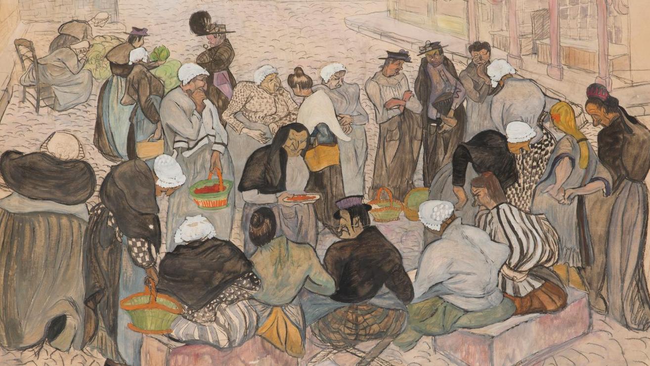Marcelle Gallois (1888-1962), Scène de vie parisienne avant 1917 (le marché), gouache... Le quartier Drouot à l’heure du dessin