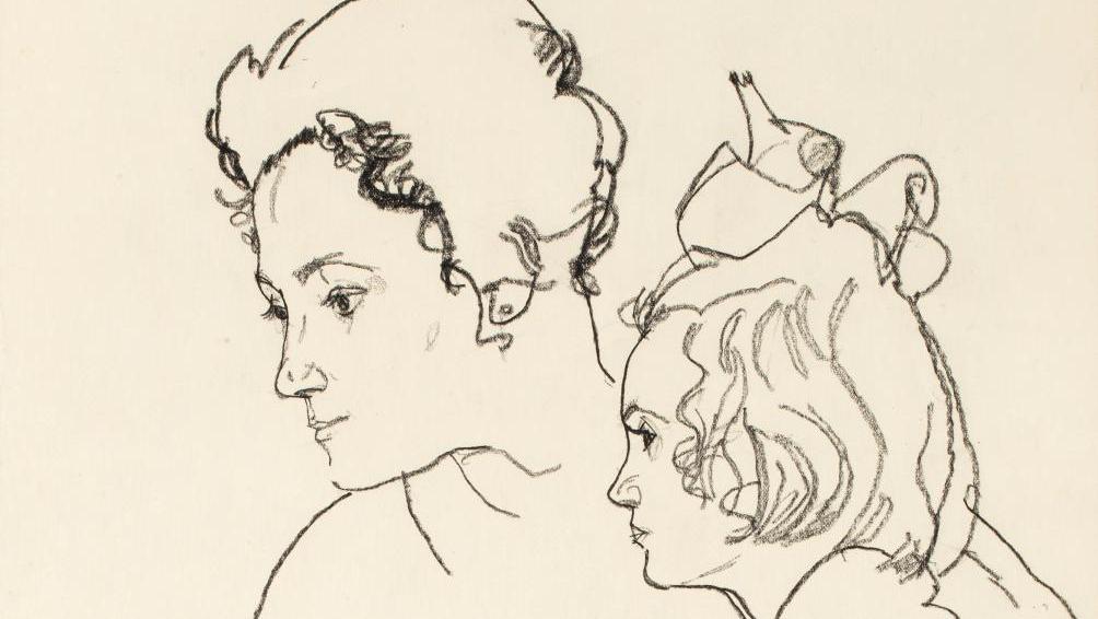 Egon Schiele (1890-1918), Portrait de Mme Grünwald et de sa fille, 1918, fusain,... Un dessin d’Egon Schiele apaisé