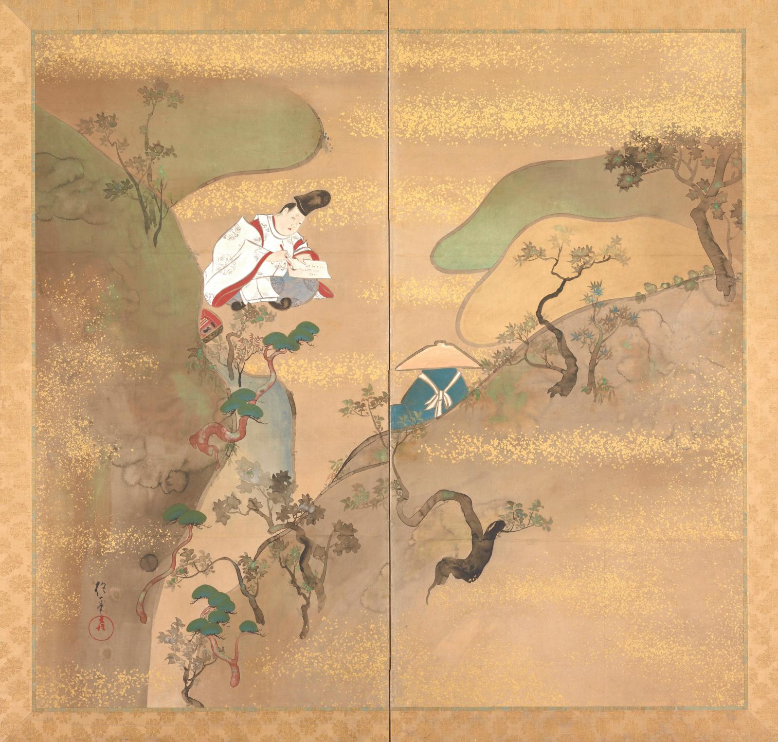 Sakai Hoitsu (1761-1828), La Sente au lierre du mont Utsu, paravent à deux feuilles, encre, couleurs et or sur papier, Harvard Art Museums