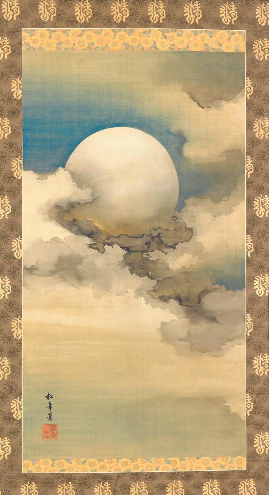 Suzuki Shonen (1849-1918), Lune dans les nuages, rouleau vertical (kakemono), détail, encre, couleurs et or sur soie, collection Robert S.