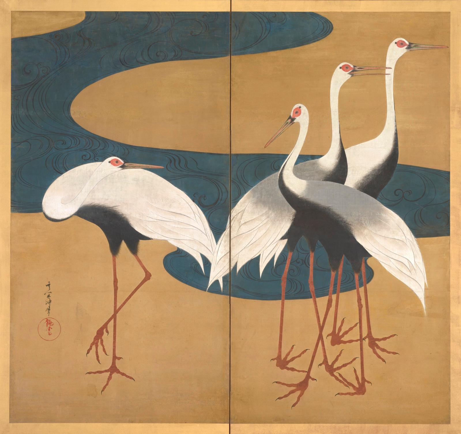 Suzuki Kiitsu (1796-1858), Grues, paire de paravents à deux feuilles (l’un reproduit), encre, couleurs, fond de couleur dorée sur papier, 