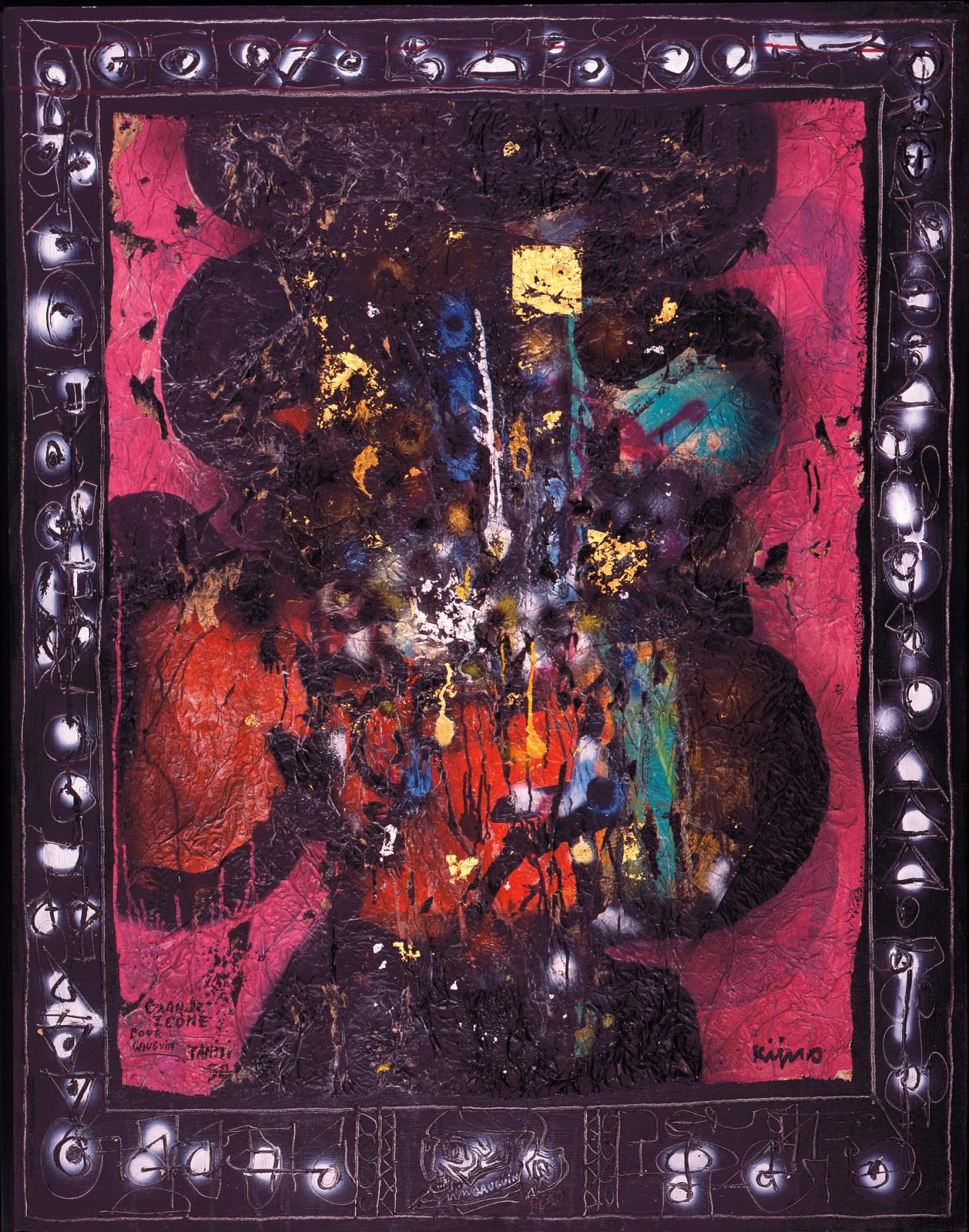 Ladislas Kijno, Retour de Tahiti - Grande Icône pour Gauguin, 1990, acrylique et glycéro-spray sur papier froissé marouflé sur toile, 146 