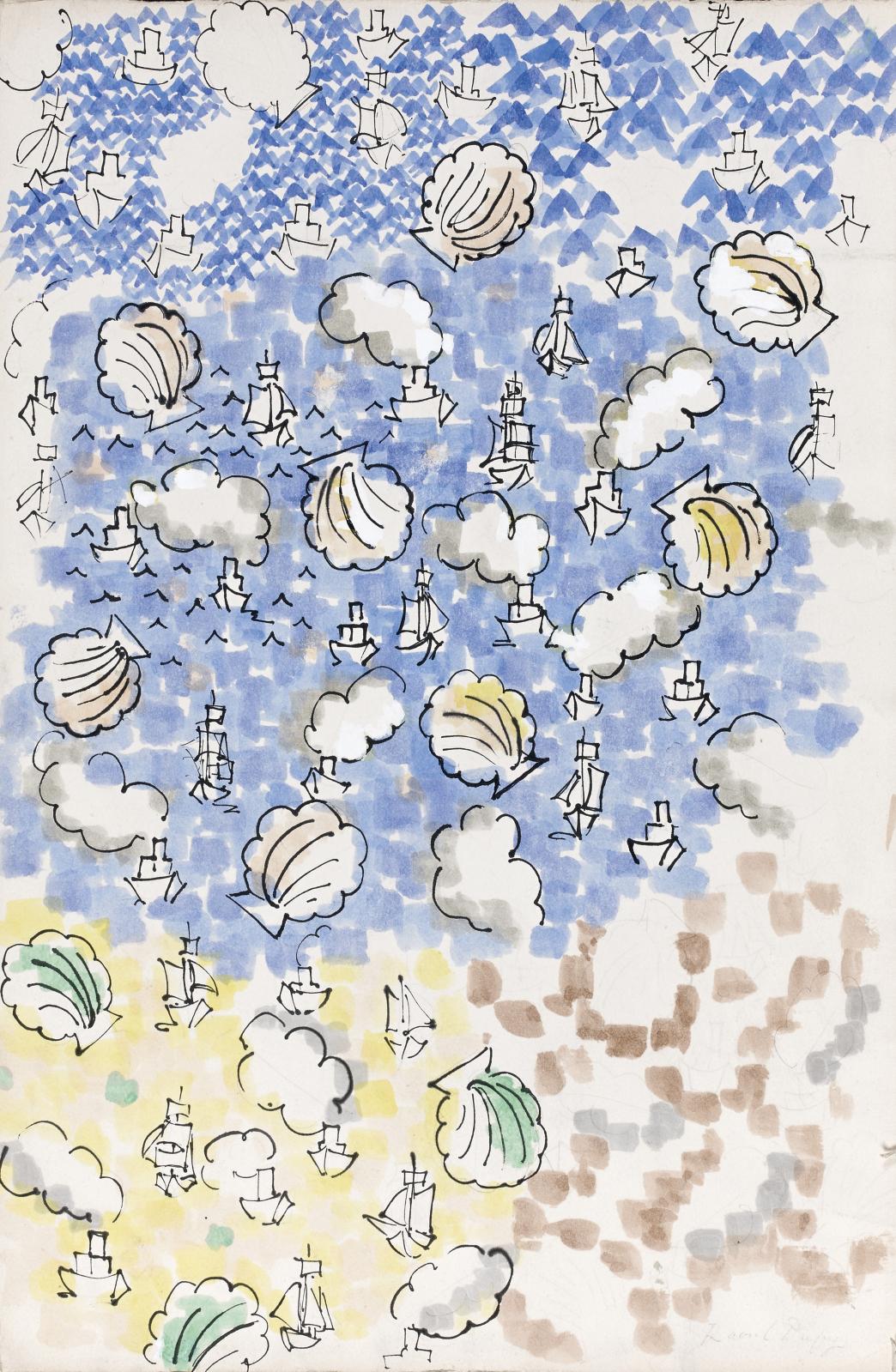 3 375 € frais compris. Raoul Dufy (1877-1953), Projet de papier peint, aquarelle sur trait de crayon, 50 x 33 cm.Paris, Drouot, 13 juin 20