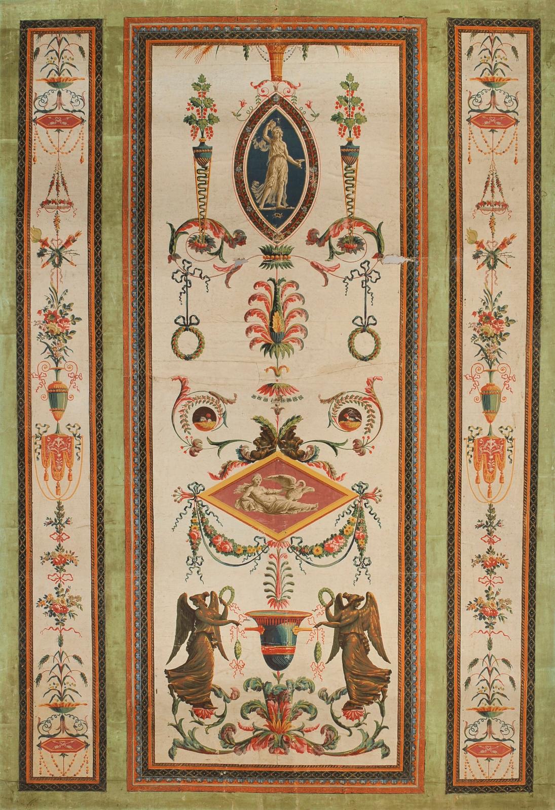 11 400 € frais compris.Deux tentures de papier peint en arabesques (l’une reproduite), manufacture Réveillon, vers 1790, chaque panneau ce