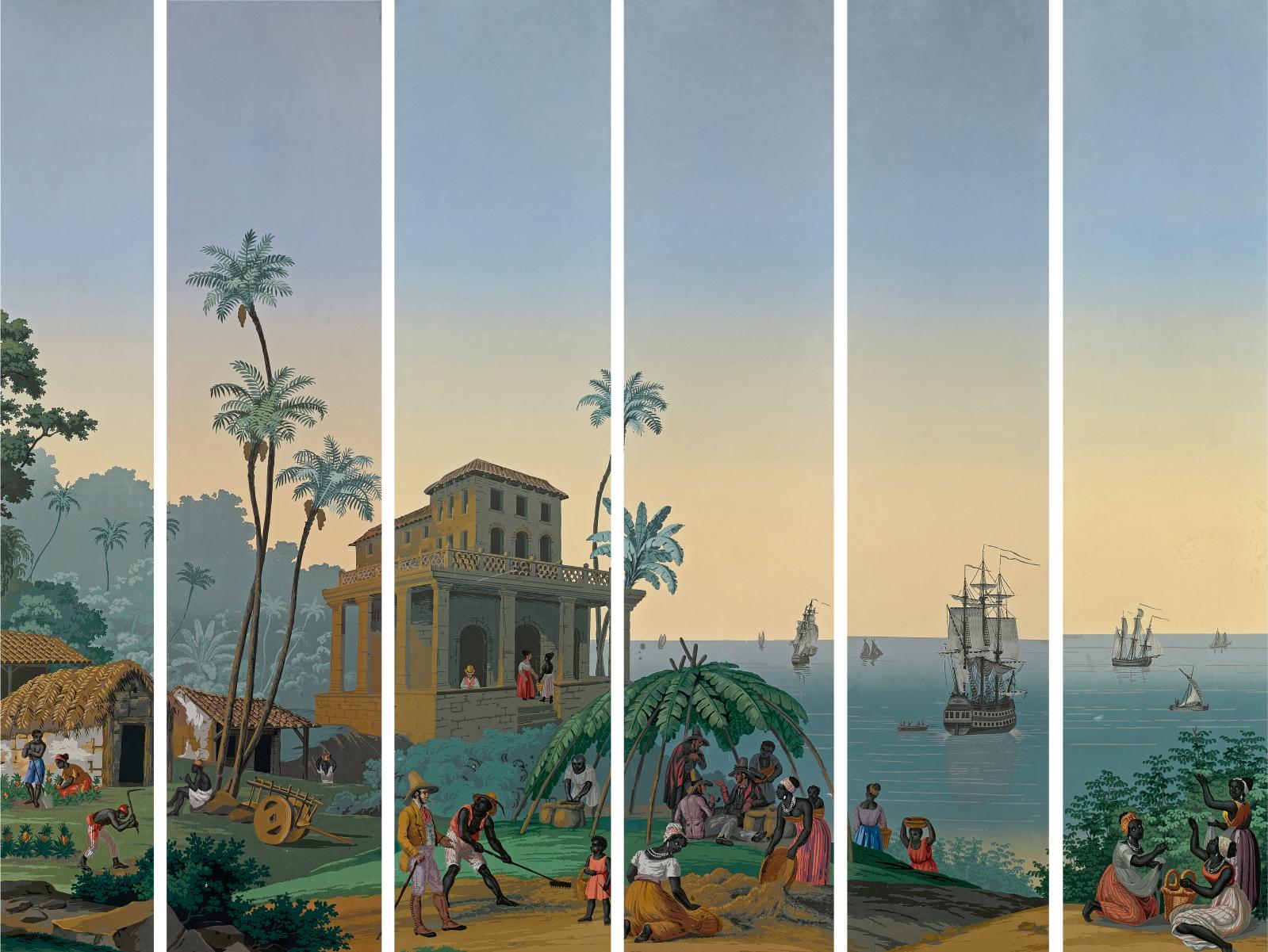 4 000 € frais compris. «Vues du Brésil», papier peint panoramique, manufacture Zuber & Cie à Rixheim, six lés, en tout : 233 x 290 cm. Par