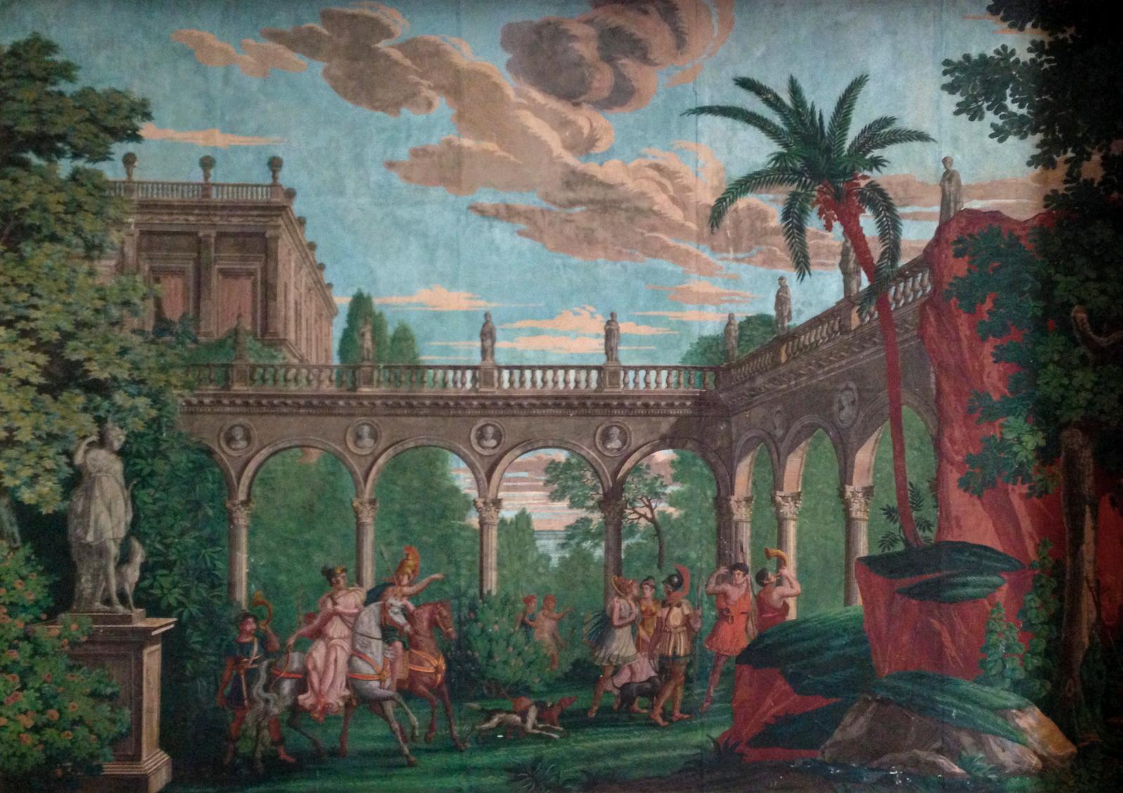 4 375 € frais compris.«Voyages d’Anthénor», papier peint panoramique, manufacture Dufour, vers 1820-1825, cinq lés, en tout : 260 x 190 cm
